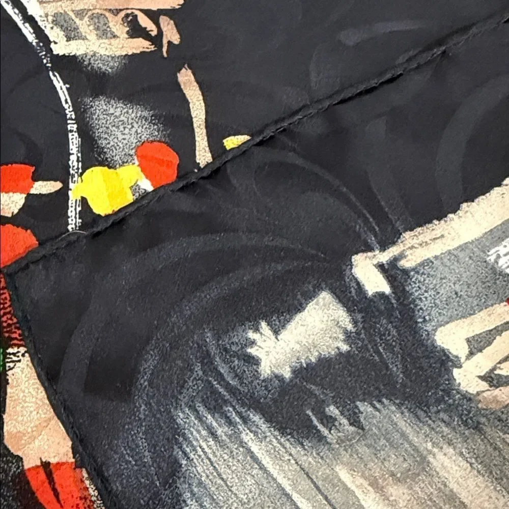 Opera House Print Hand Rolled Silk Square Scarf Black Multicolor 34”